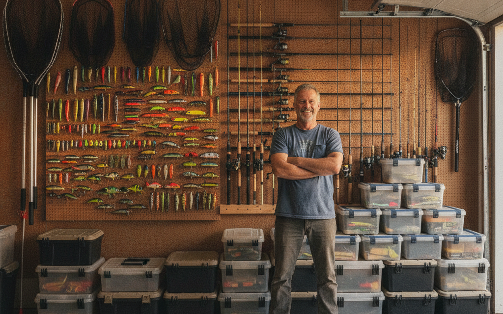 Fisherman who has everything standing in front of his garage wall of rods, lures and tackle boxes