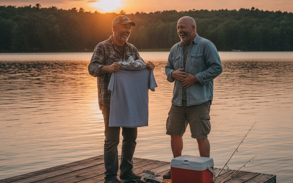Two fishing buddies laughing at a gag gift t-shirt on a lake dock at sunset