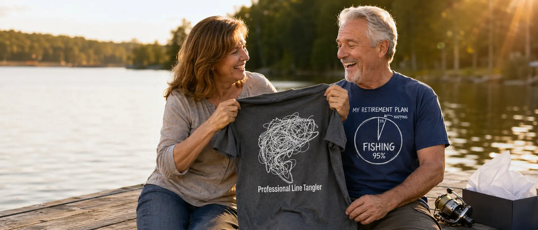 Retired fisherman opening funny retirement fishing shirts on a dock at sunset