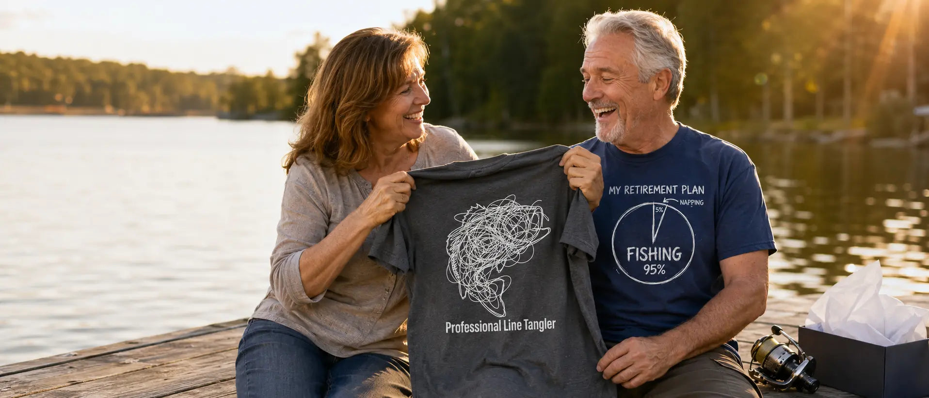 Retired fisherman opening funny retirement fishing shirts on a dock at sunset