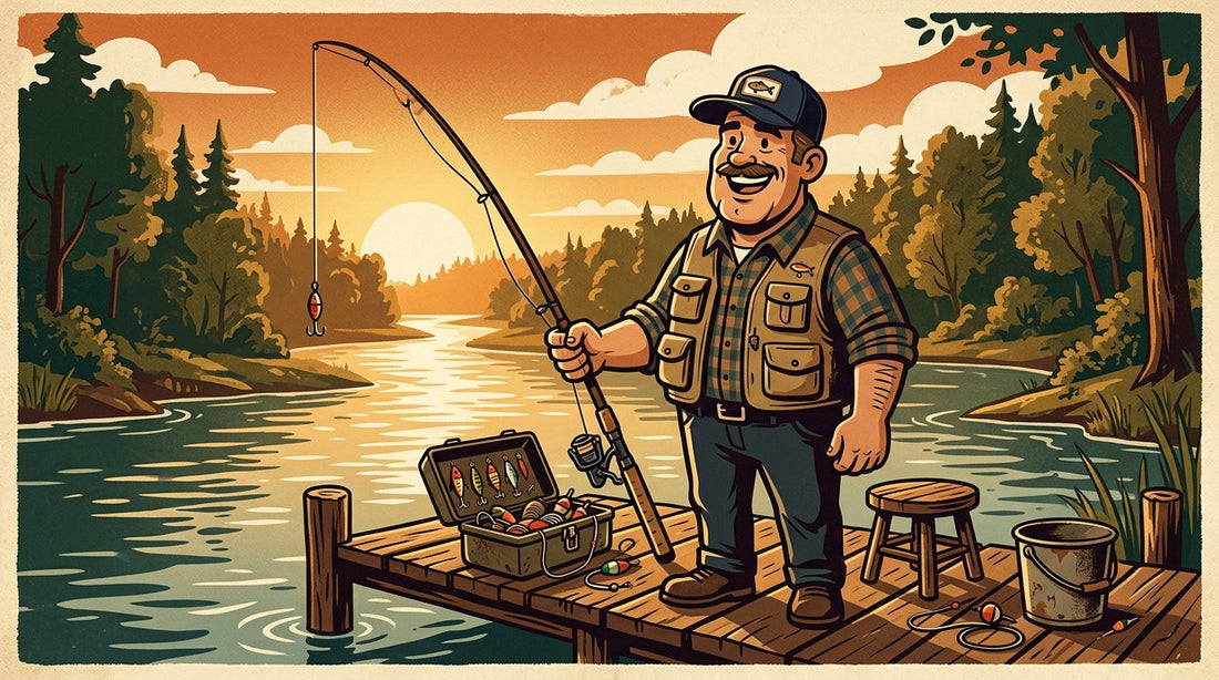 Father's Day gifts for fishermen - vintage cartoon angler at dock at sunrise