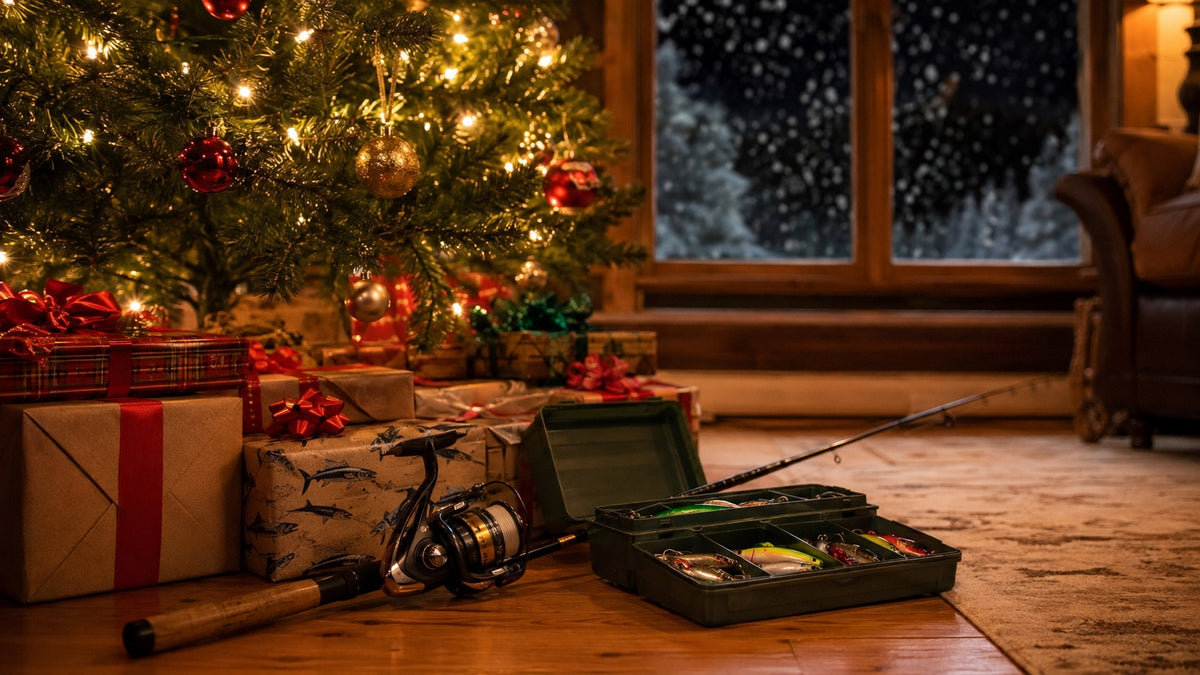 Fishing rod and open tackle box of lures beside wrapped presents under a lit Christmas tree