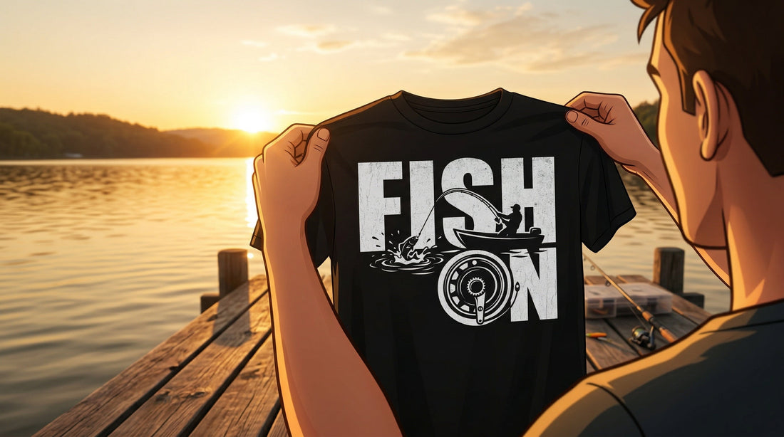 Man on dock at sunrise holding up a Fish On vintage fishing t-shirt