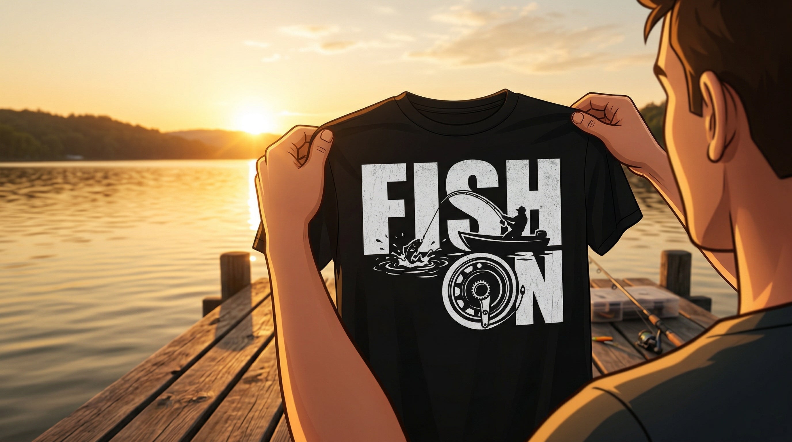 Man on dock at sunrise holding up a Fish On vintage fishing t-shirt