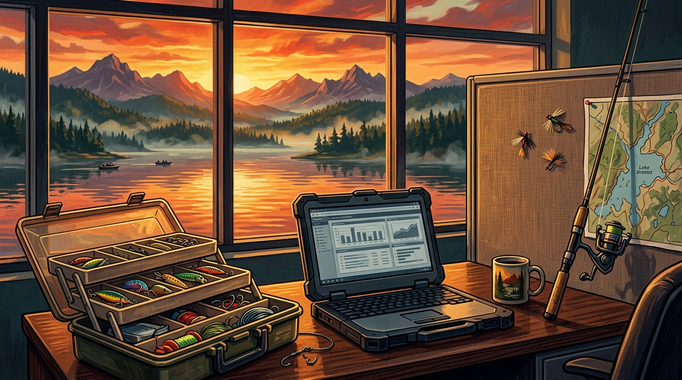Tackle box and fishing rod at an office desk with lake view through window