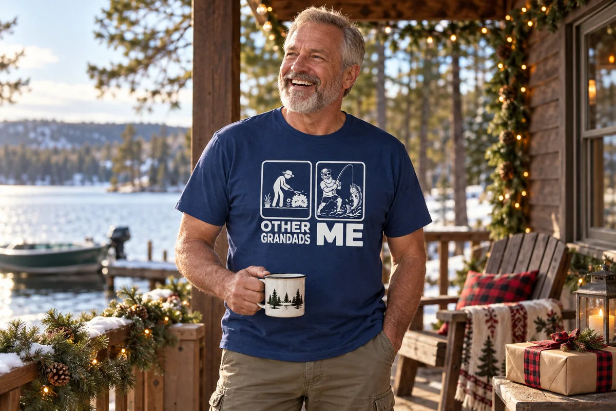 An older angler wearing the Other Grandads Me fishing tee on a decorated lakeside porch.