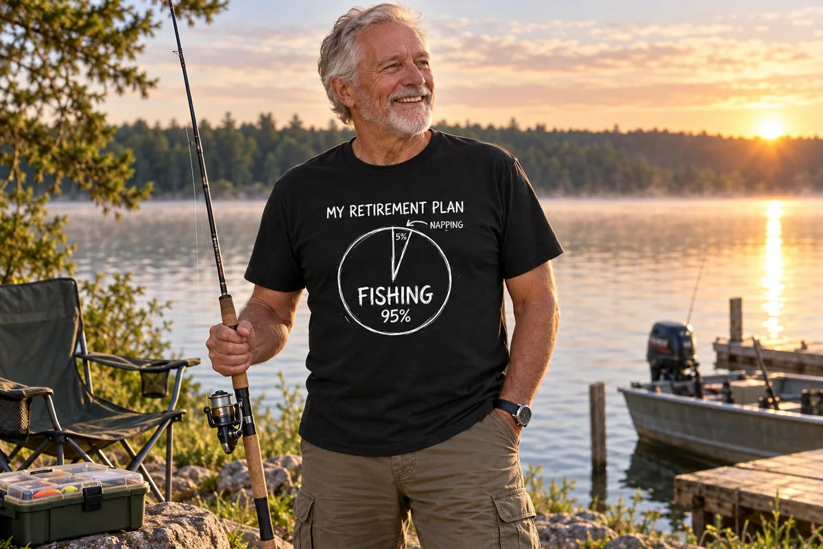 An older angler wearing the My Retirement Plan fishing tee beside a lake.