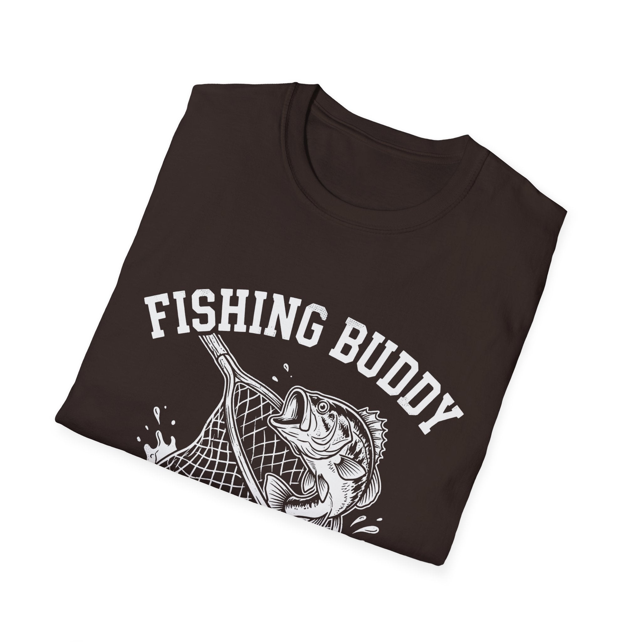Fishing Buddy funny fishing t-shirt with net and bass — Fishing Buddy Funny Fishing T-Shirt back view in Black | River Giants Club