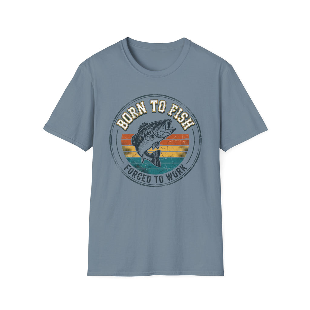 Born to Fish Forced to Work retro badge with jumping bass — Born to Fish Retro Badge T-Shirt in Ice Grey | River Giants Club
