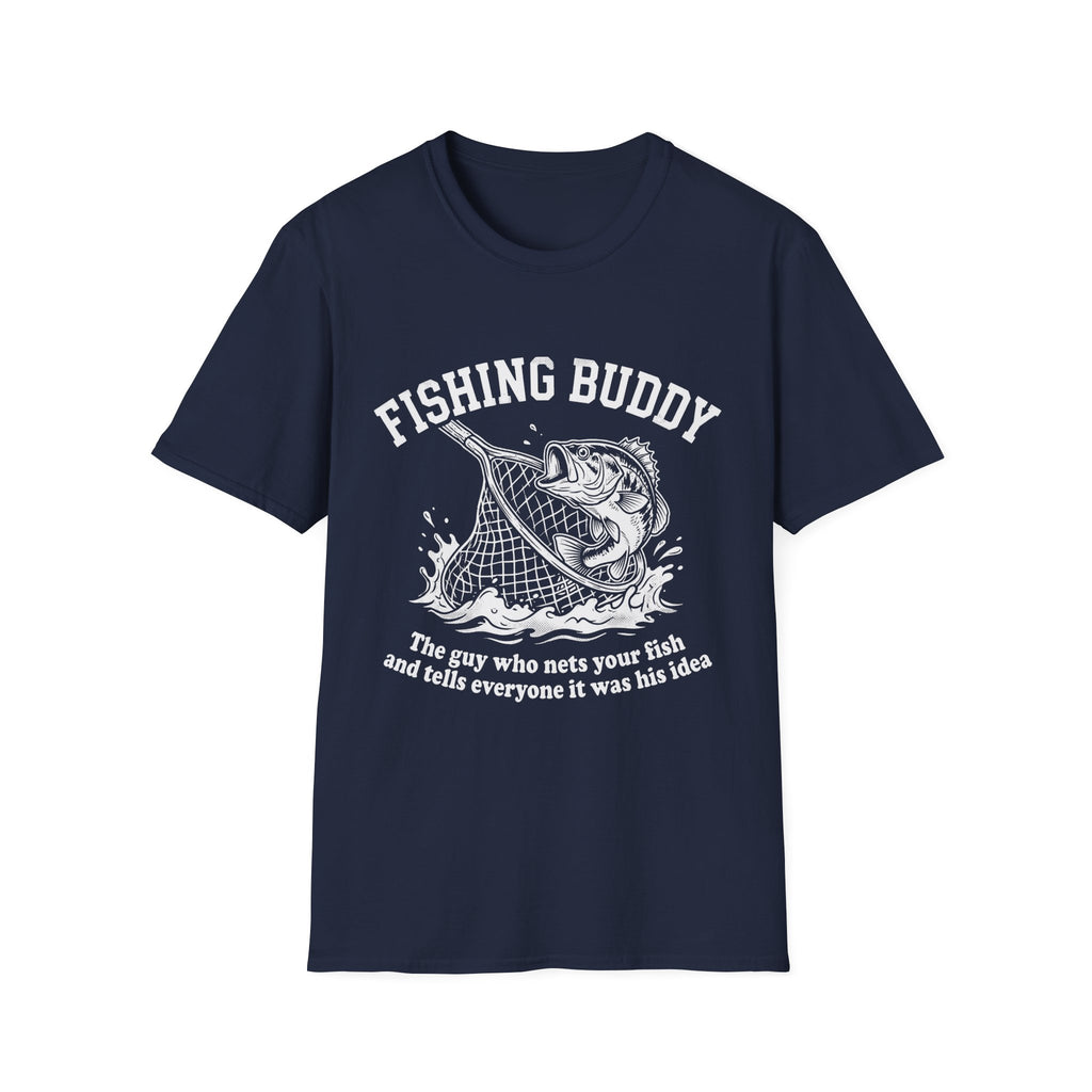 Fishing Buddy funny fishing t-shirt with net and bass — Fishing Buddy Funny Fishing T-Shirt in Black | River Giants Club