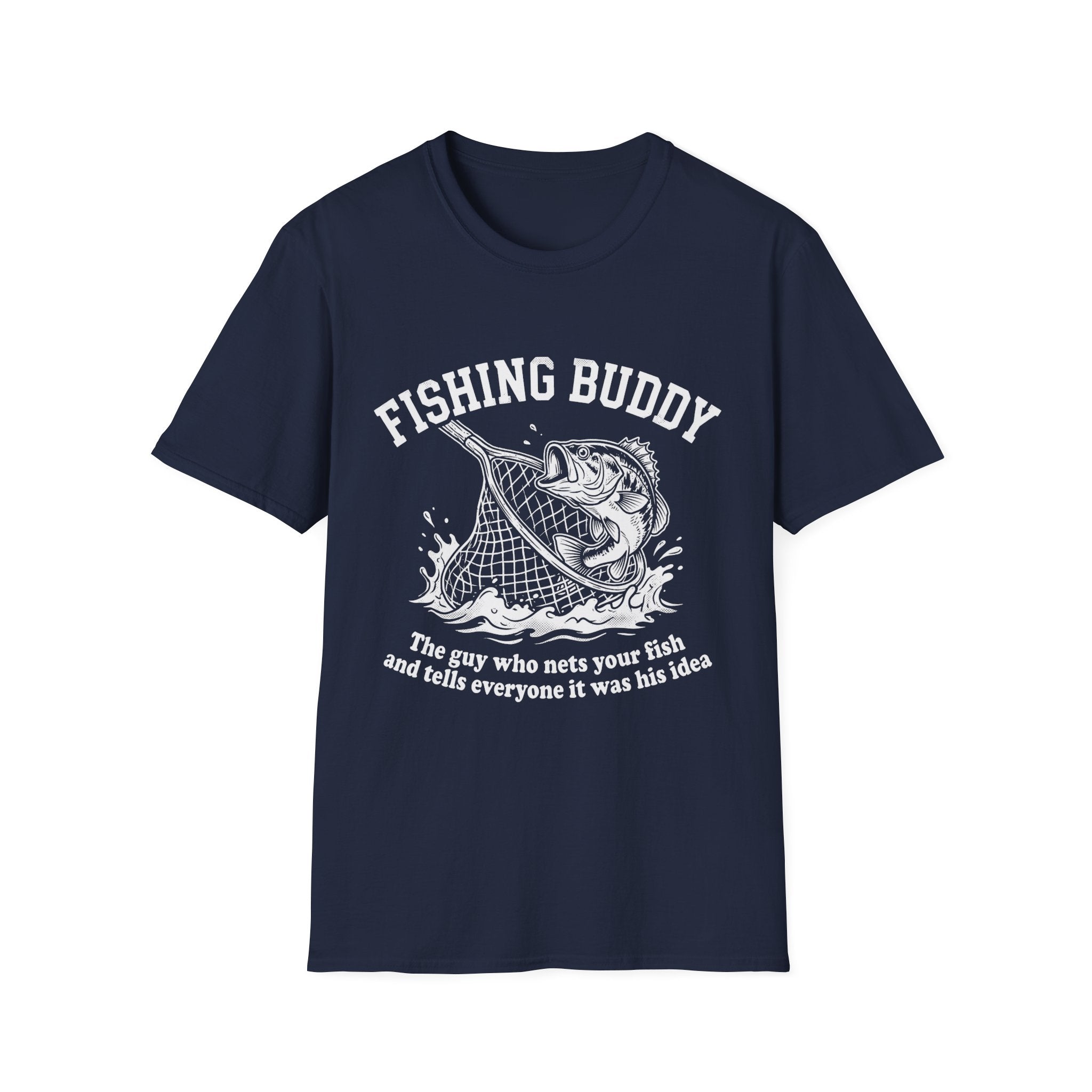 Fishing Buddy funny fishing t-shirt with net and bass — Fishing Buddy Funny Fishing T-Shirt in Black | River Giants Club