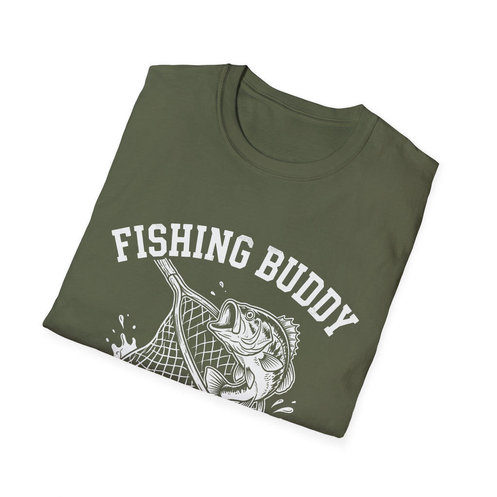 Fishing Buddy funny fishing t-shirt with net and bass — Fishing Buddy Funny Fishing T-Shirt front view in Military Green | River Giants Club