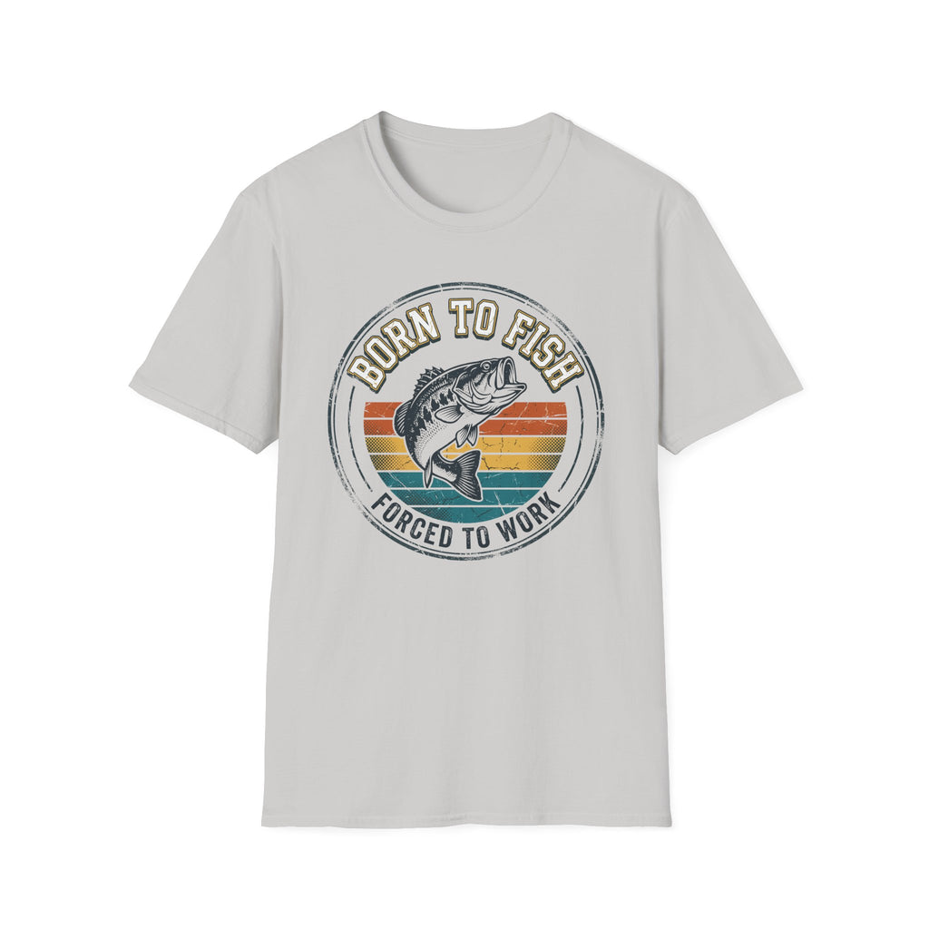 Born to Fish Forced to Work retro badge with jumping bass — Born to Fish Retro Badge T-Shirt in Sky | River Giants Club