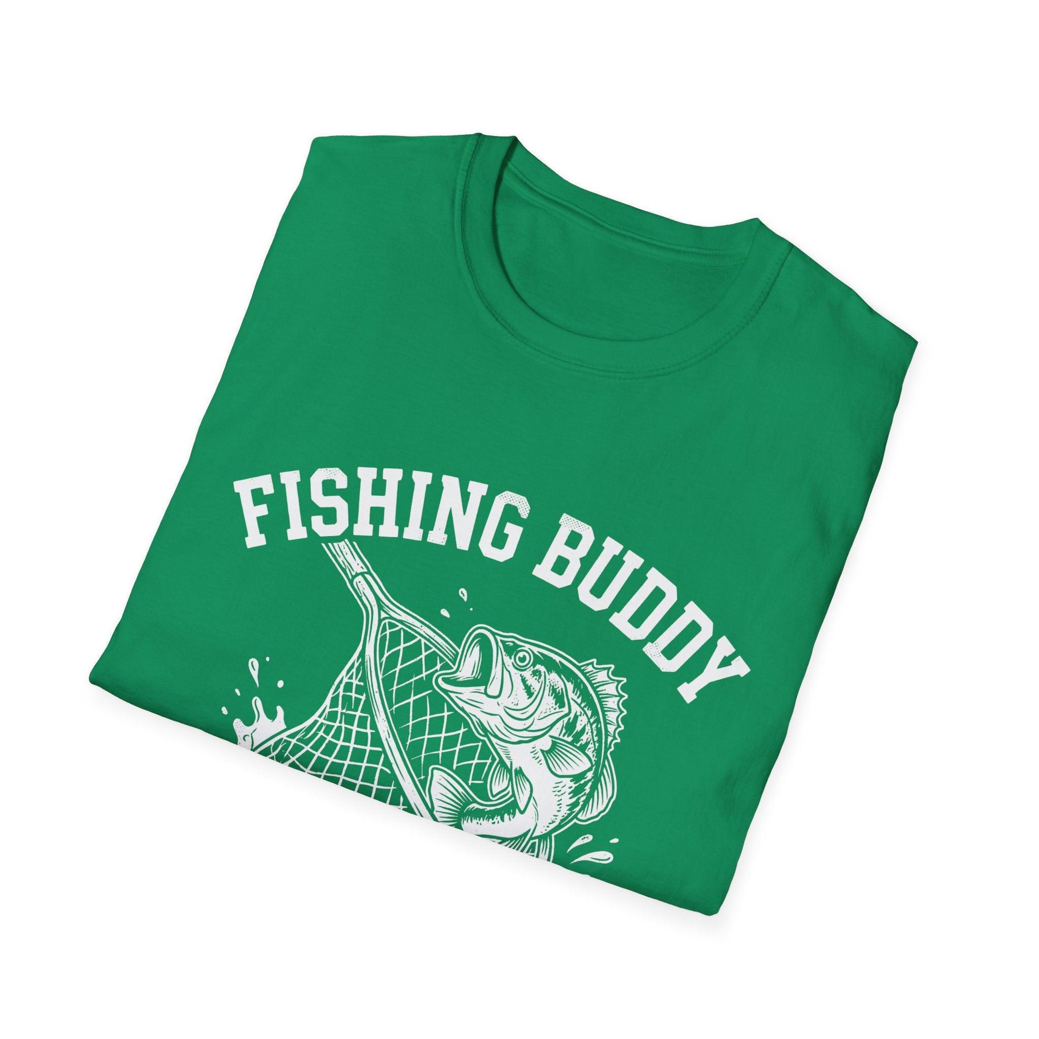 Fishing Buddy funny fishing t-shirt with net and bass — Fishing Buddy Funny Fishing T-Shirt lifestyle view in Military Green | River Giants Club