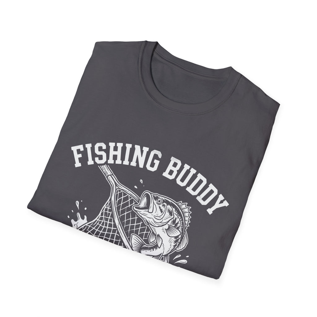 Fishing Buddy funny fishing t-shirt with net and bass — Fishing Buddy Funny Fishing T-Shirt detail view in Antique Cherry Red | River Giants Club