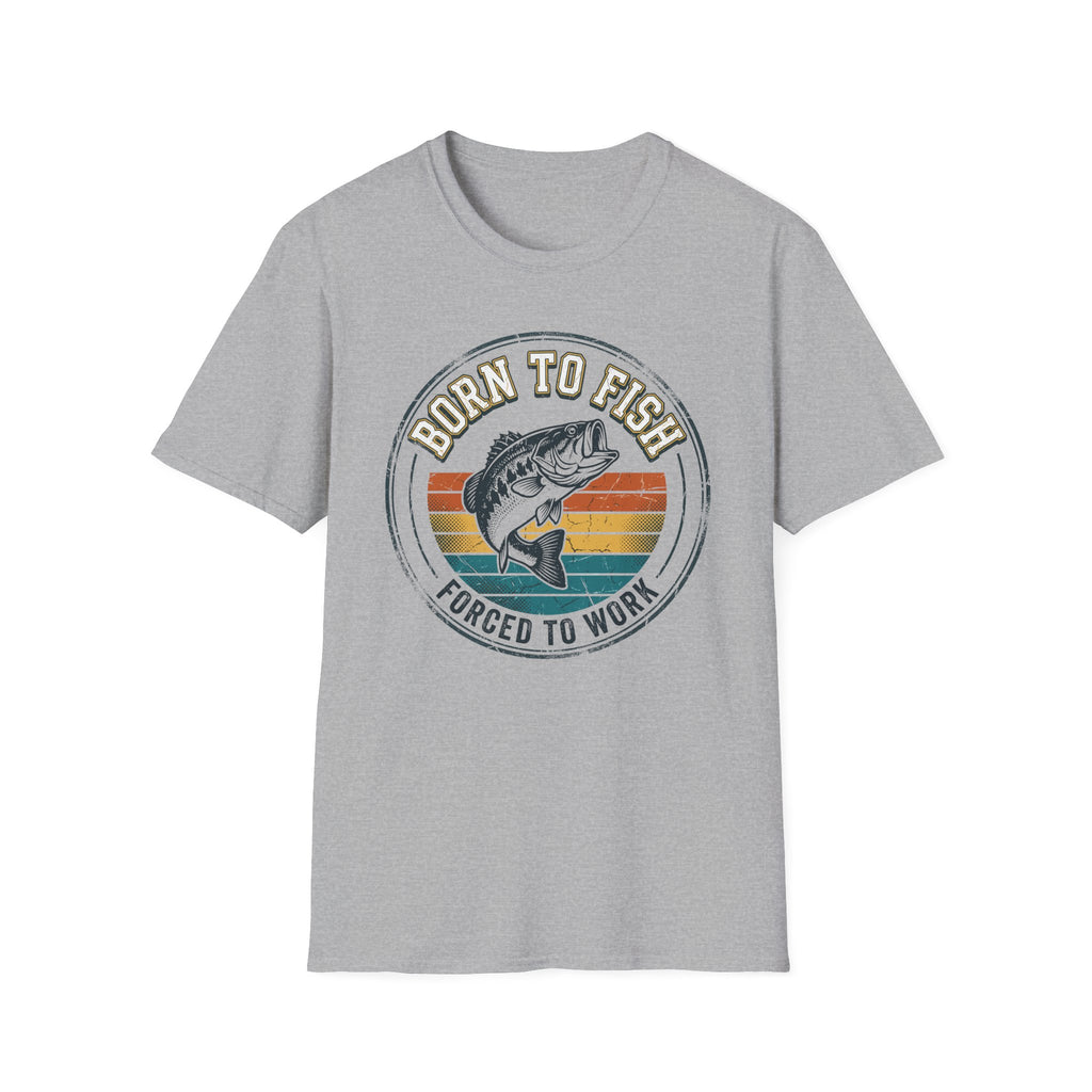 Born to Fish Forced to Work retro badge with jumping bass — Born to Fish Retro Badge T-Shirt in Sport Grey | River Giants Club