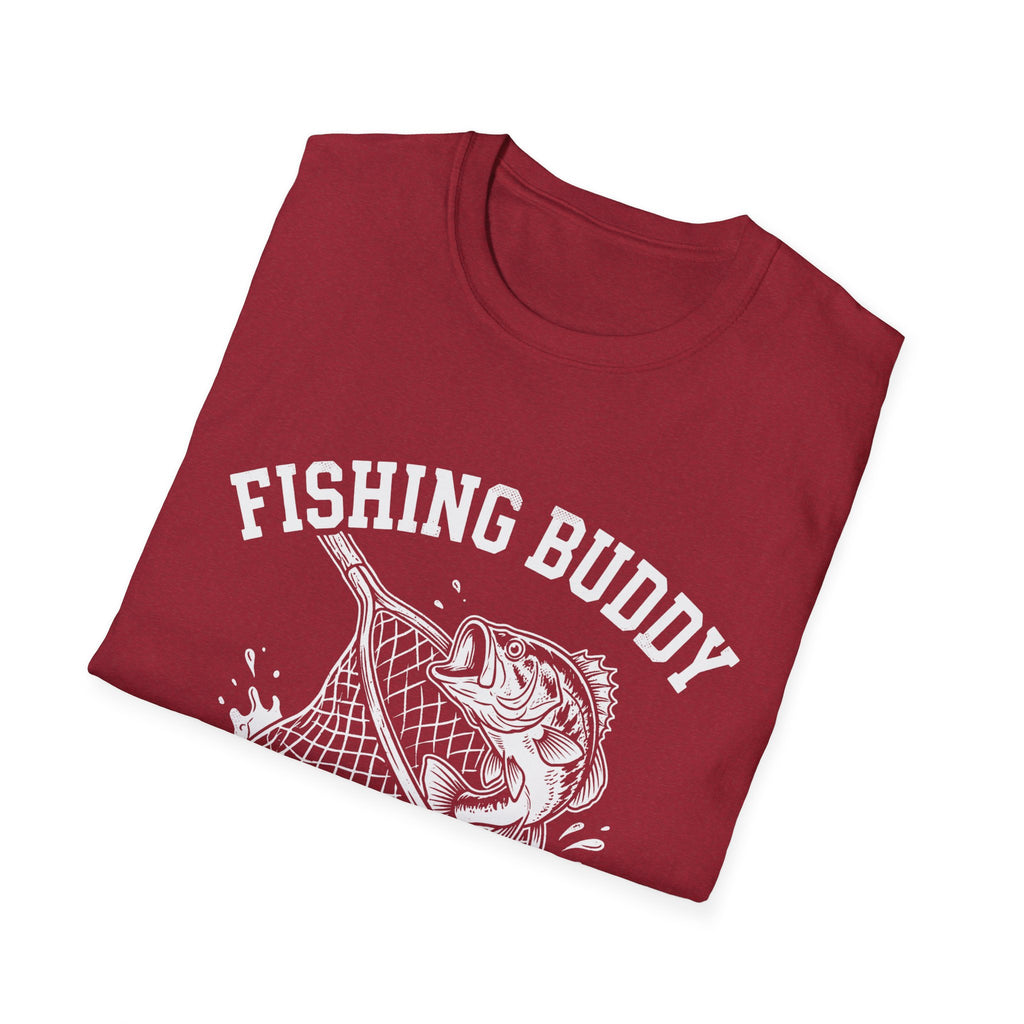 Fishing Buddy funny fishing t-shirt with net and bass — Fishing Buddy Funny Fishing T-Shirt lifestyle view in Metro Blue | River Giants Club