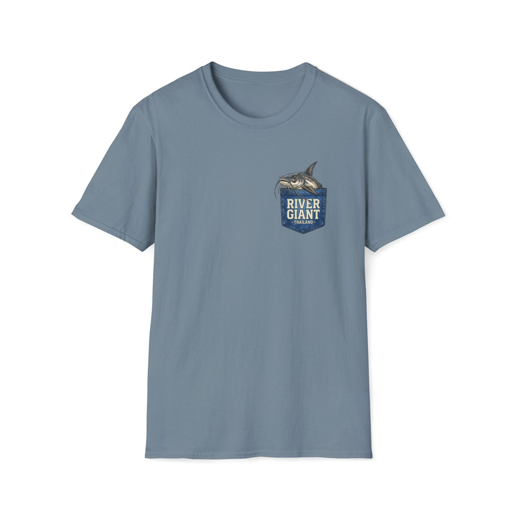 Giant Catfish River Giant Thailand pocket print design — Giant Catfish Pocket T-Shirt in Stone Blue | River Giants Club