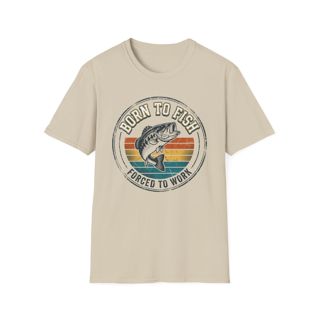 Born to Fish Forced to Work retro badge with jumping bass — Born to Fish Retro Badge T-Shirt in Sand | River Giants Club