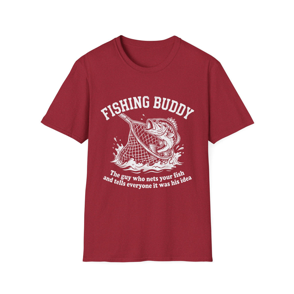 Fishing Buddy funny fishing t-shirt with net and bass — Fishing Buddy Funny Fishing T-Shirt in Charcoal | River Giants Club