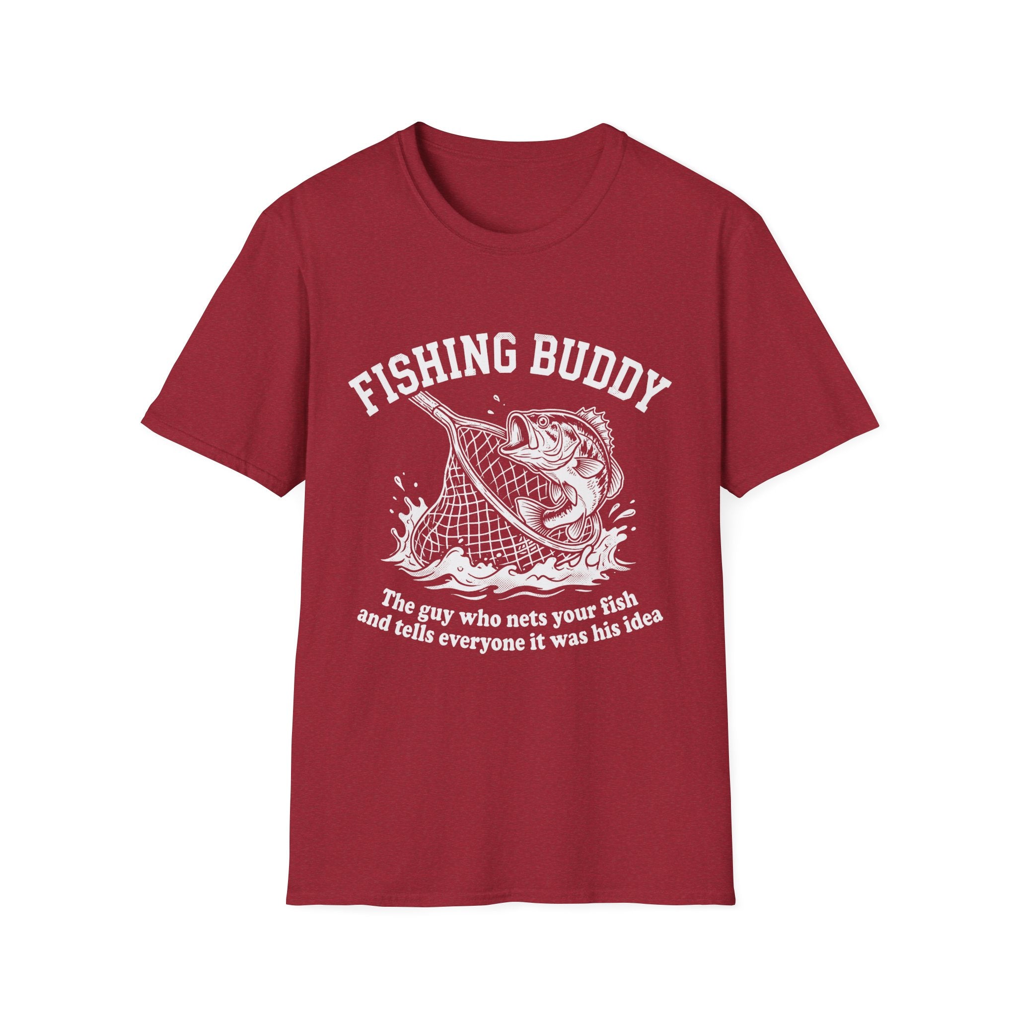 Fishing Buddy funny fishing t-shirt with net and bass — Fishing Buddy Funny Fishing T-Shirt in Charcoal | River Giants Club
