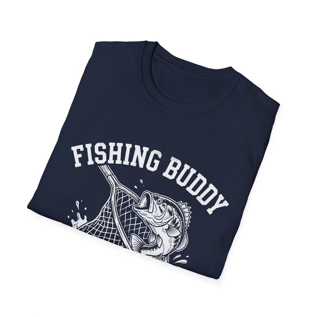 Fishing Buddy funny fishing t-shirt with net and bass — Fishing Buddy Funny Fishing T-Shirt front view in Metro Blue | River Giants Club