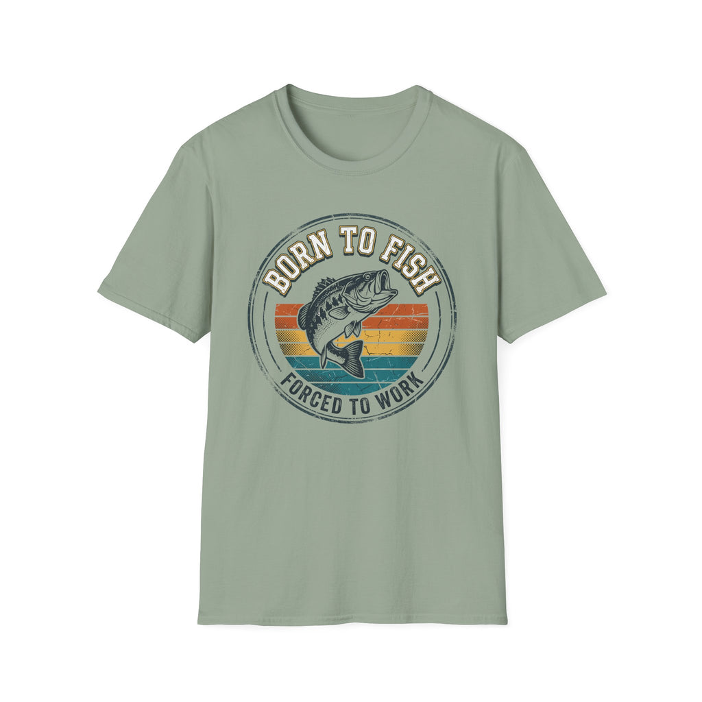 Born to Fish Forced to Work retro badge with jumping bass — Born to Fish Retro Badge T-Shirt in Sage | River Giants Club