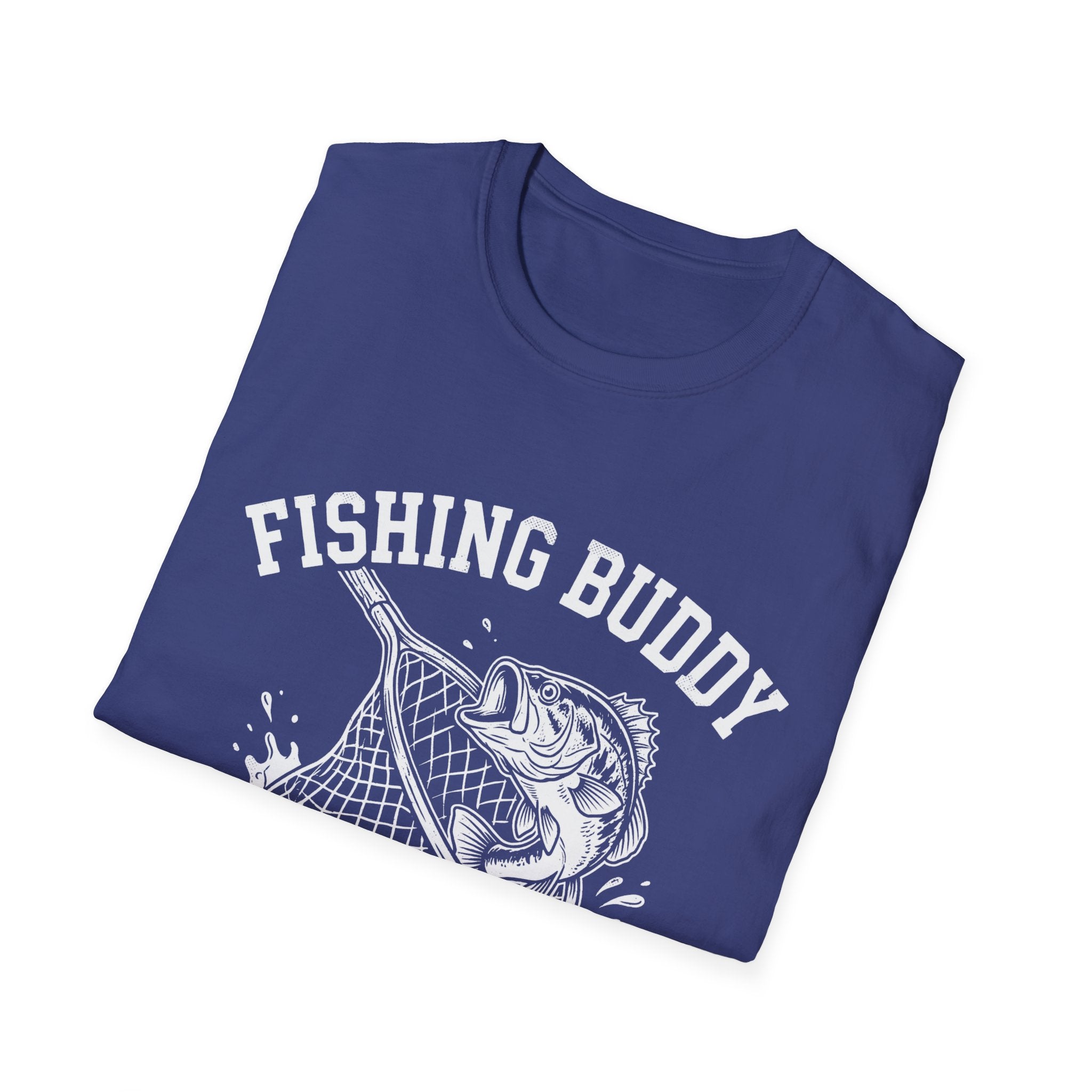 Fishing Buddy funny fishing t-shirt with net and bass — Fishing Buddy Funny Fishing T-Shirt back view in Metro Blue | River Giants Club