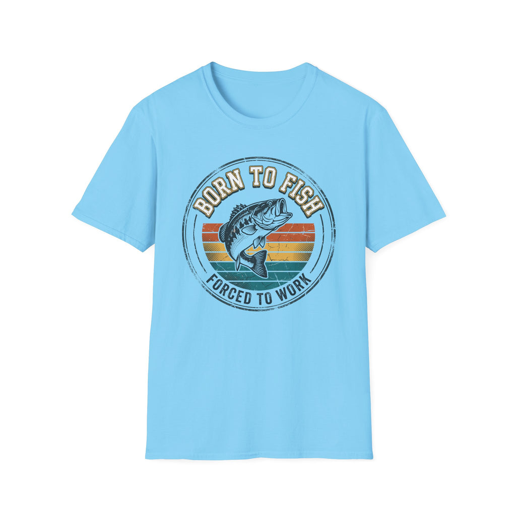 Born to Fish Forced to Work retro badge with jumping bass — Born to Fish Retro Badge T-Shirt in Stone Blue | River Giants Club