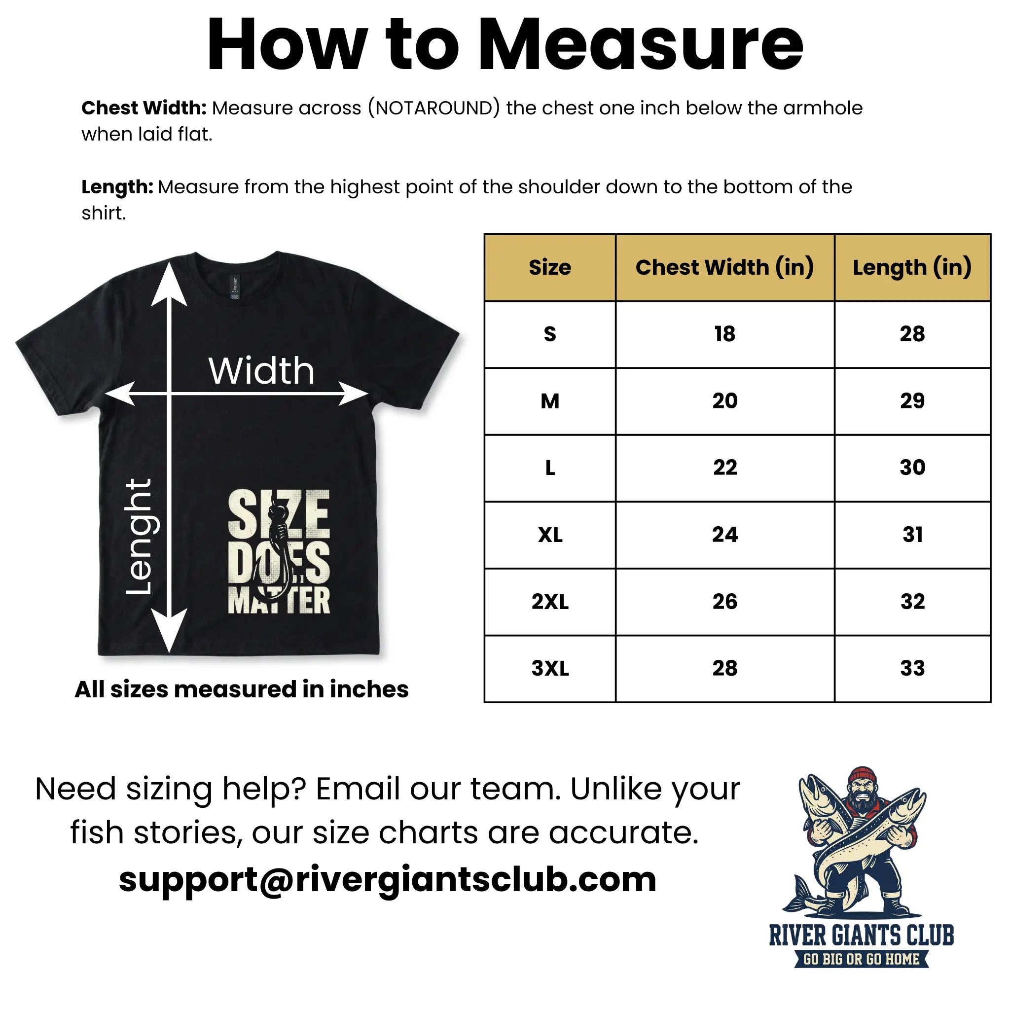 River Giants Club Size Chart - How to Measure Chest Width and Length for Fishing T-Shirts