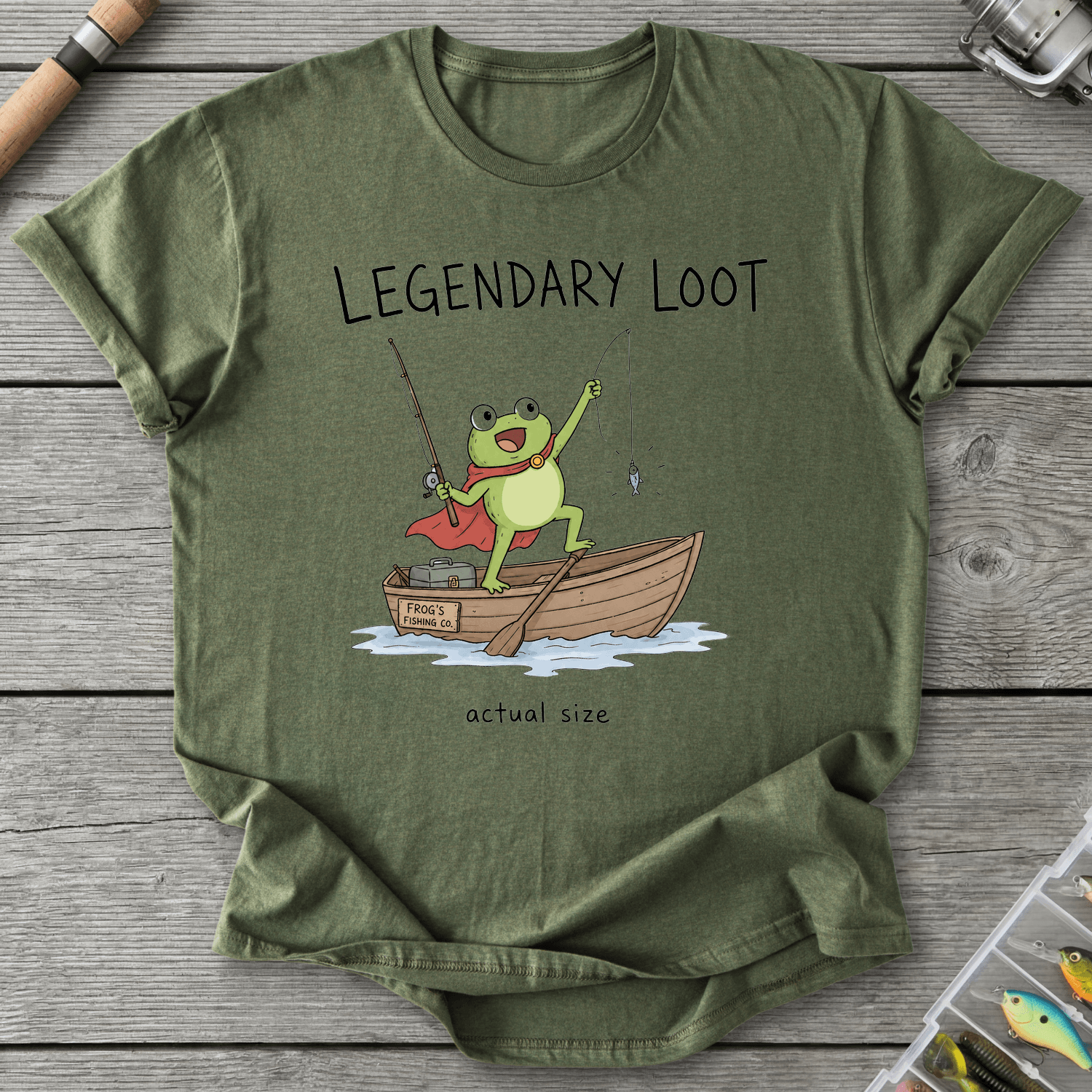 Actual Size Fishing T-Shirt in Military Green | River Giants Club