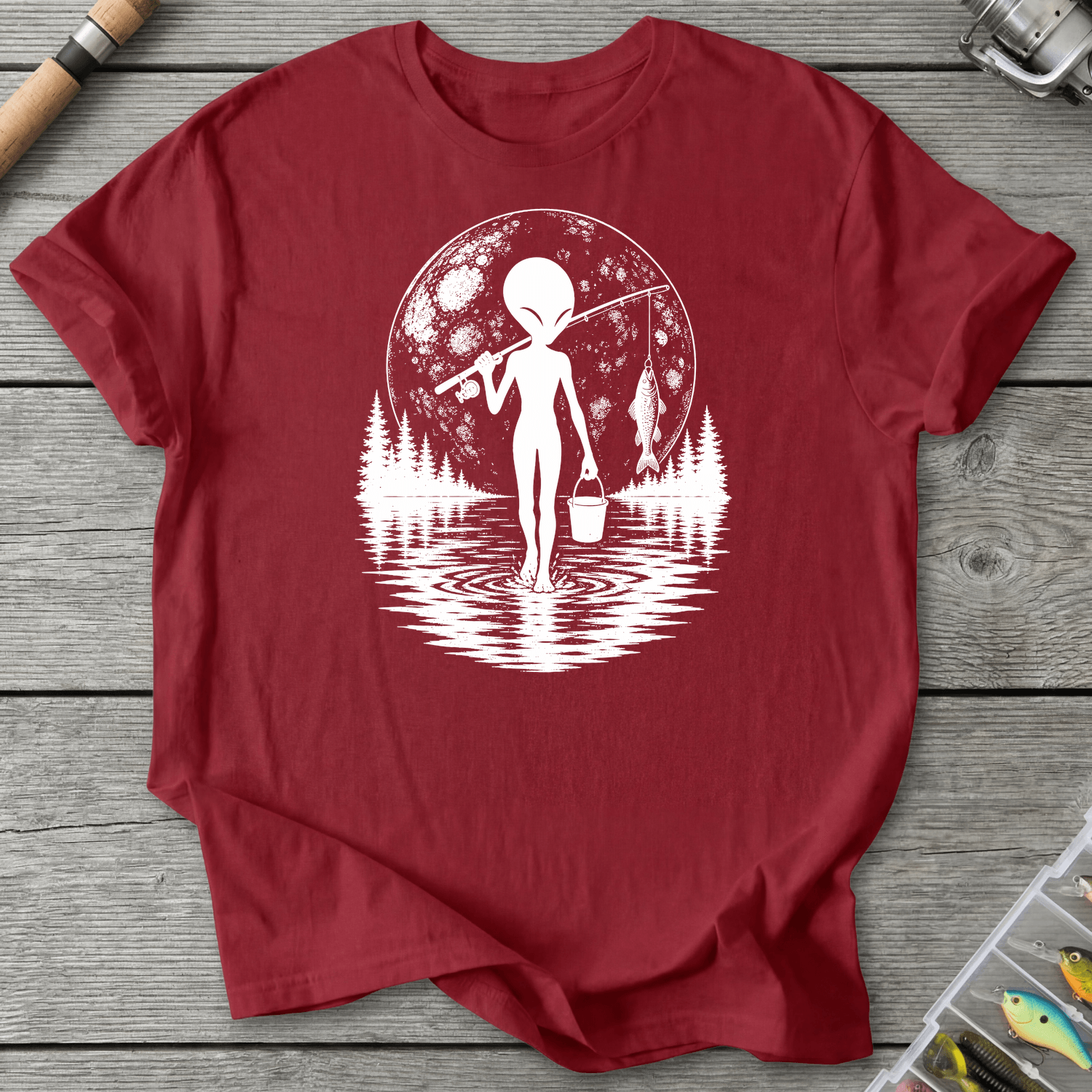 Alien Go Fishing T-Shirt in Antique Cherry Red | River Giants Club