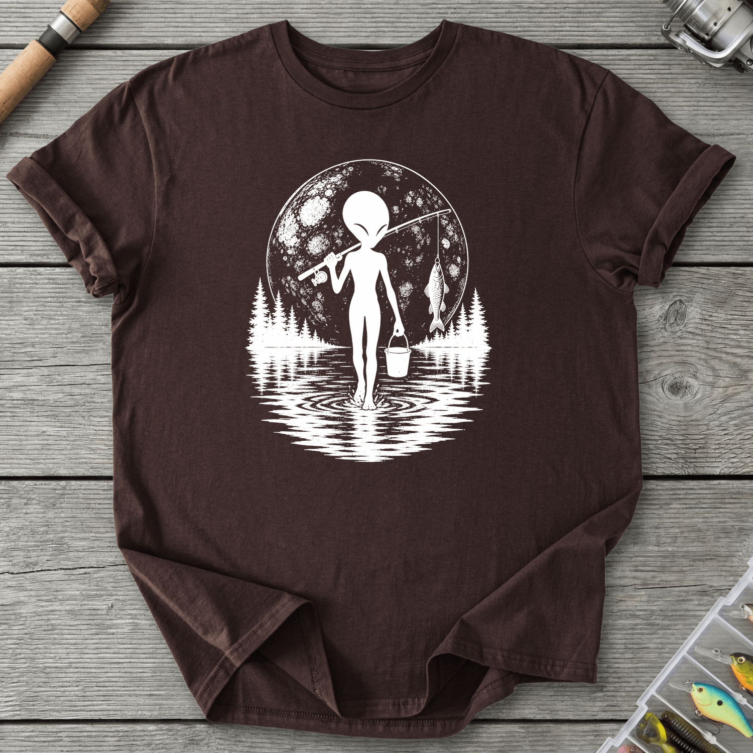 Alien Go Fishing T-Shirt in Dark Chocolate | River Giants Club