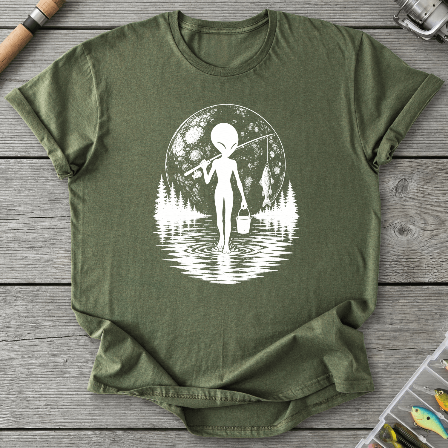 Alien Go Fishing T-Shirt in Military Green | River Giants Club