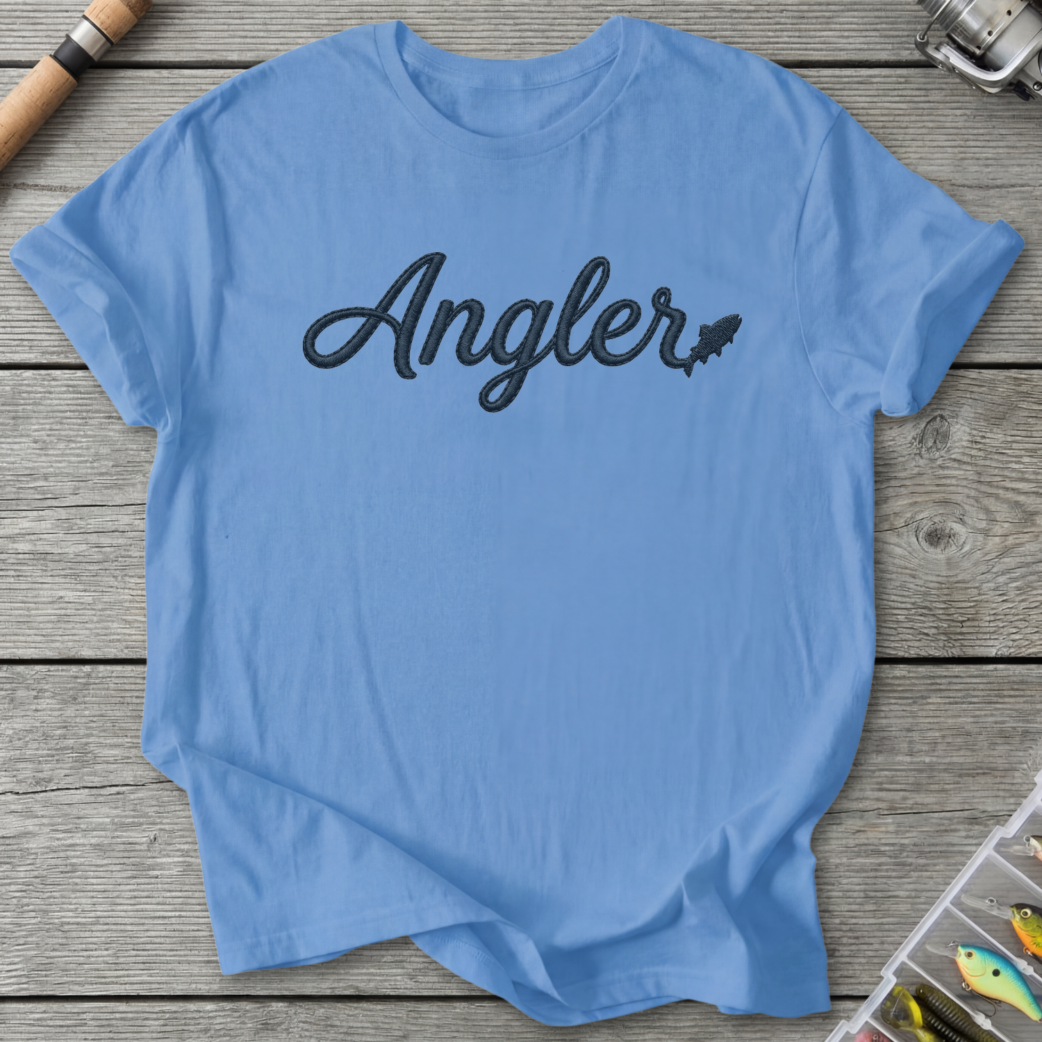 Angler Embroidery Style Design Fishing T-Shirt in Carolina Blue | River Giants Club