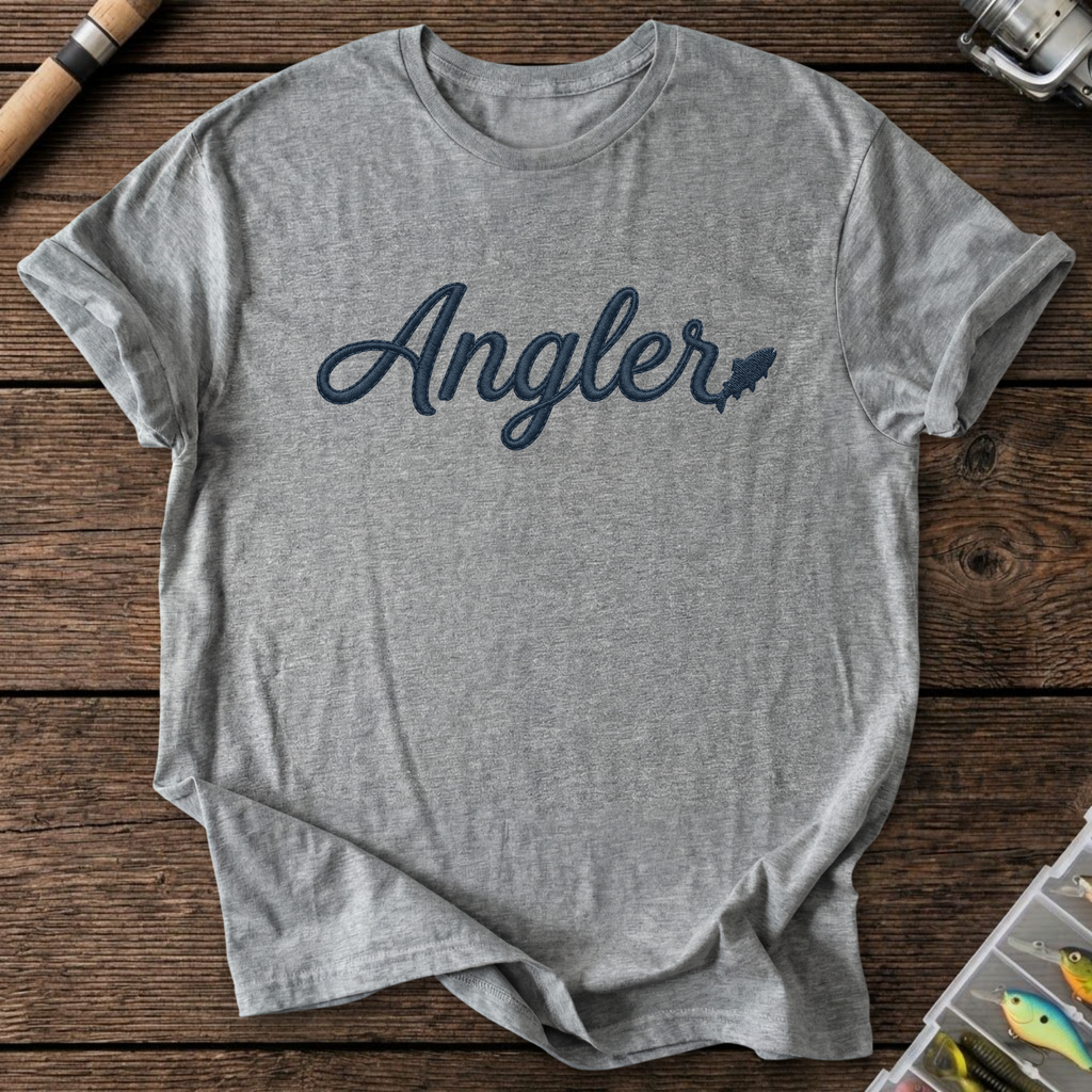 Angler Embroidery Style Design Fishing T-Shirt in Graphite Heather | River Giants Club