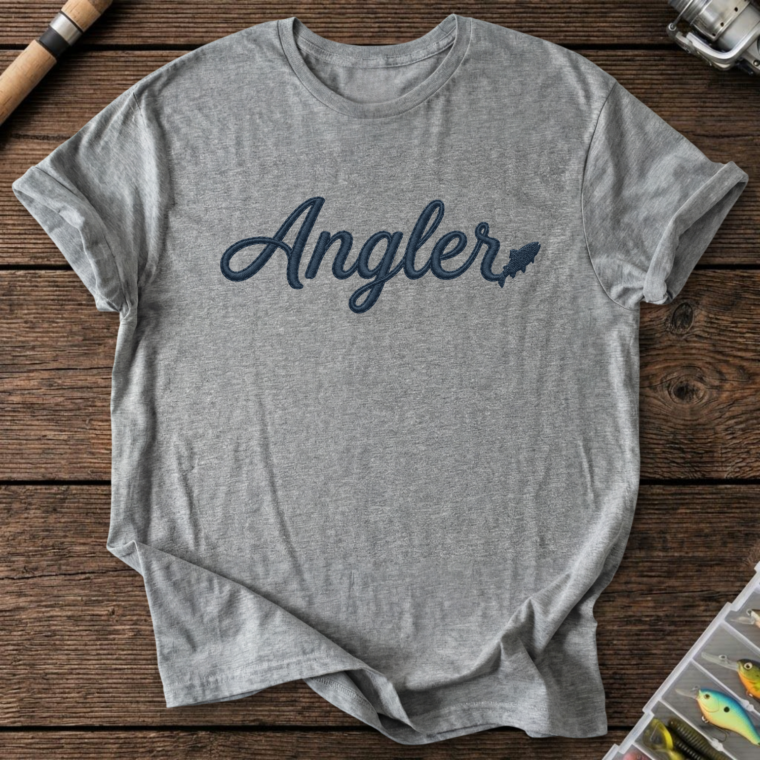 Angler Embroidery Style Design Fishing T-Shirt in Graphite Heather | River Giants Club