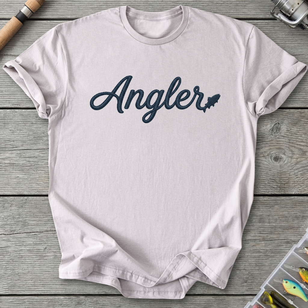 Angler Embroidery Style Design Fishing T-Shirt in Ice Grey | River Giants Club