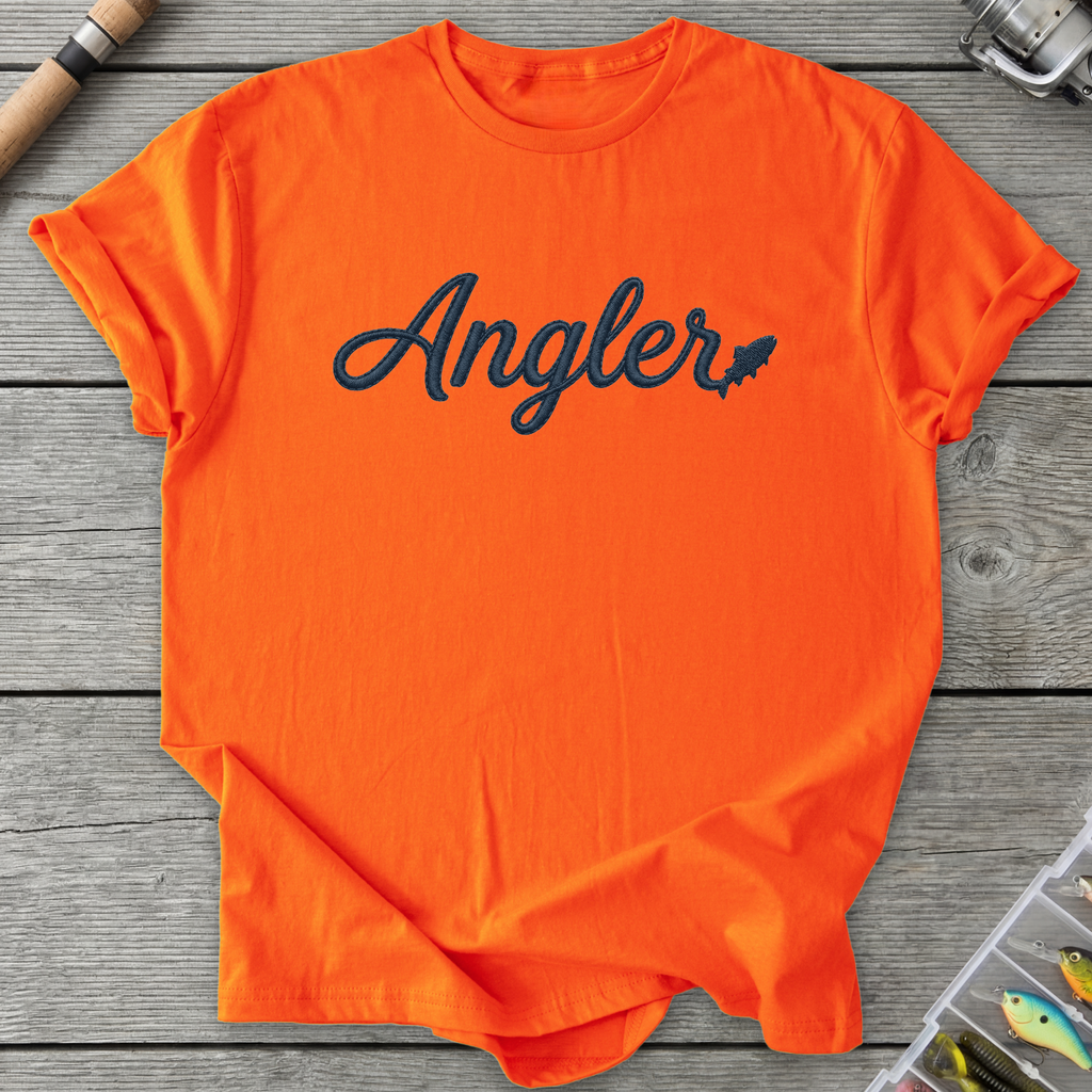 Angler Embroidery Style Design Fishing T-Shirt in Orange | River Giants Club