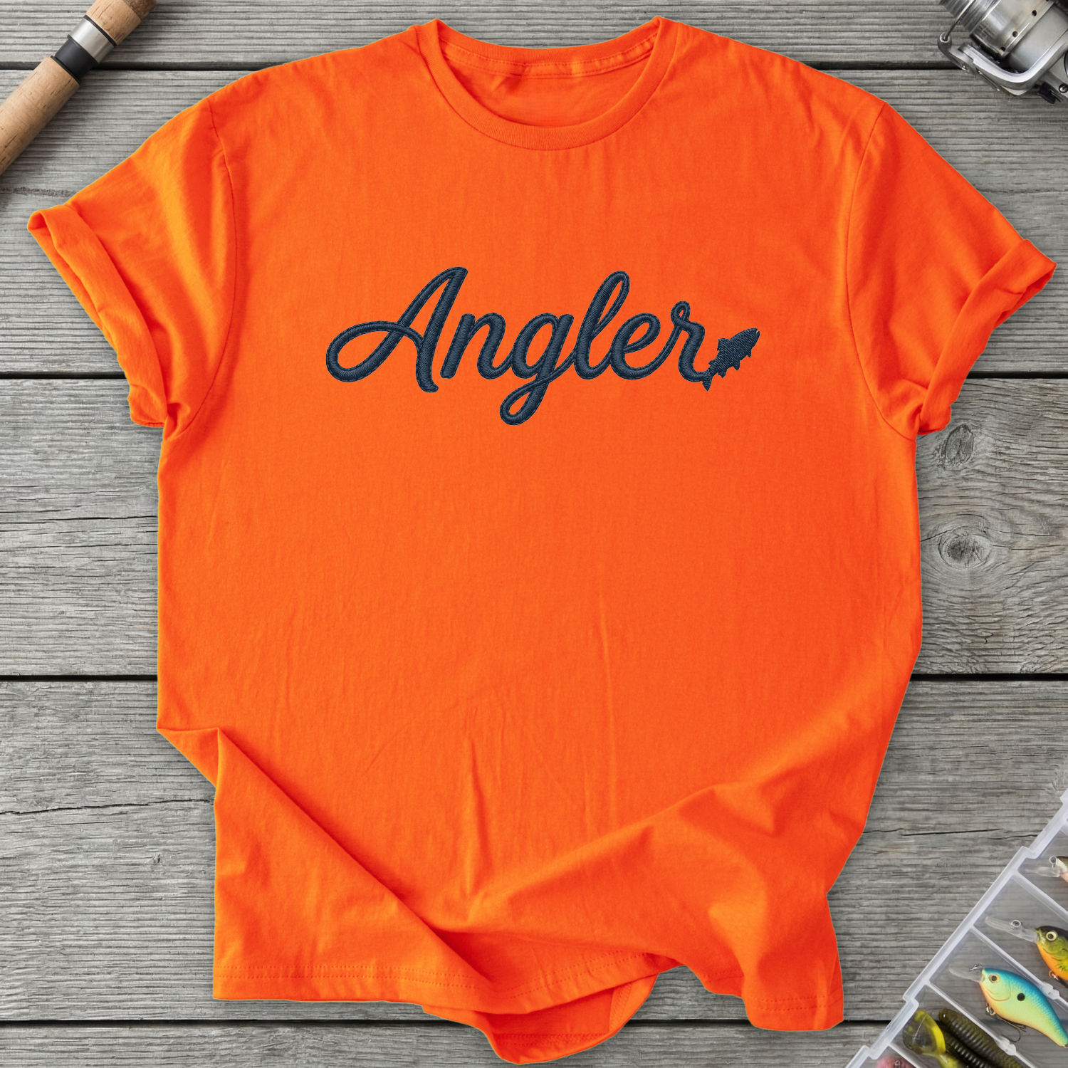 Angler Embroidery Style Design Fishing T-Shirt in Orange | River Giants Club
