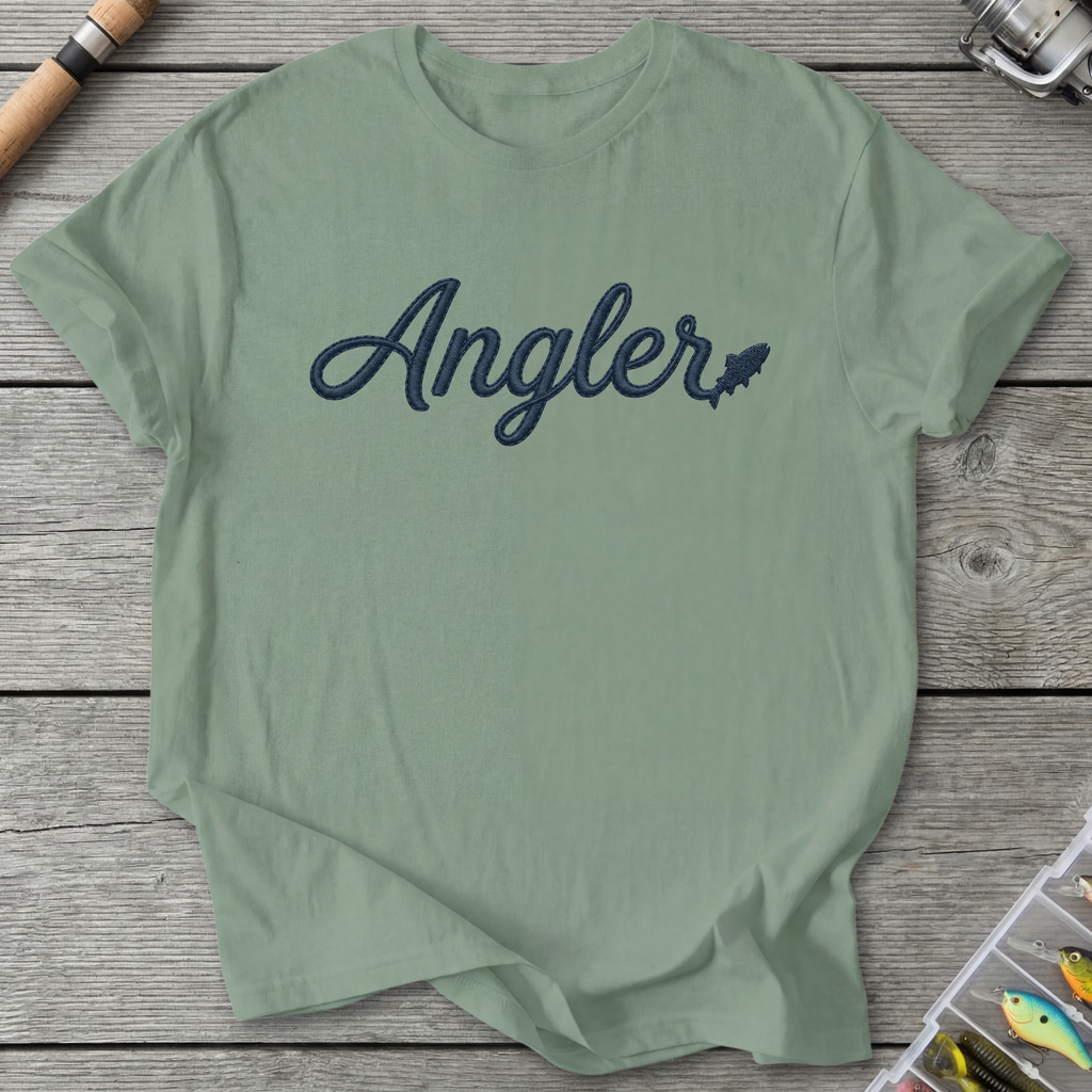 Angler Embroidery Style Design Fishing T-Shirt in Sage | River Giants Club