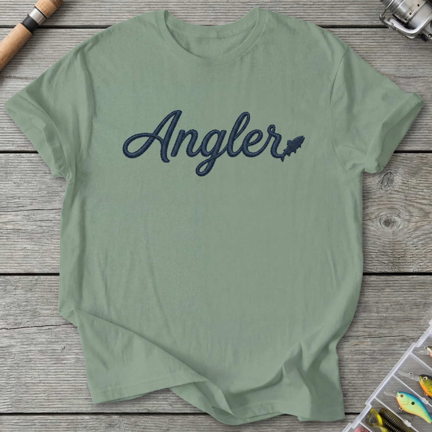 Angler Embroidery Style Design Fishing T-Shirt in Sage | River Giants Club