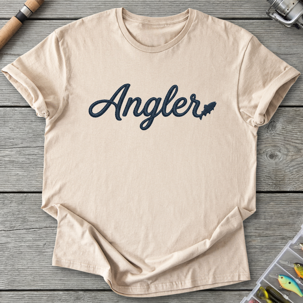 Angler Embroidery Style Design Fishing T-Shirt in Sand | River Giants Club