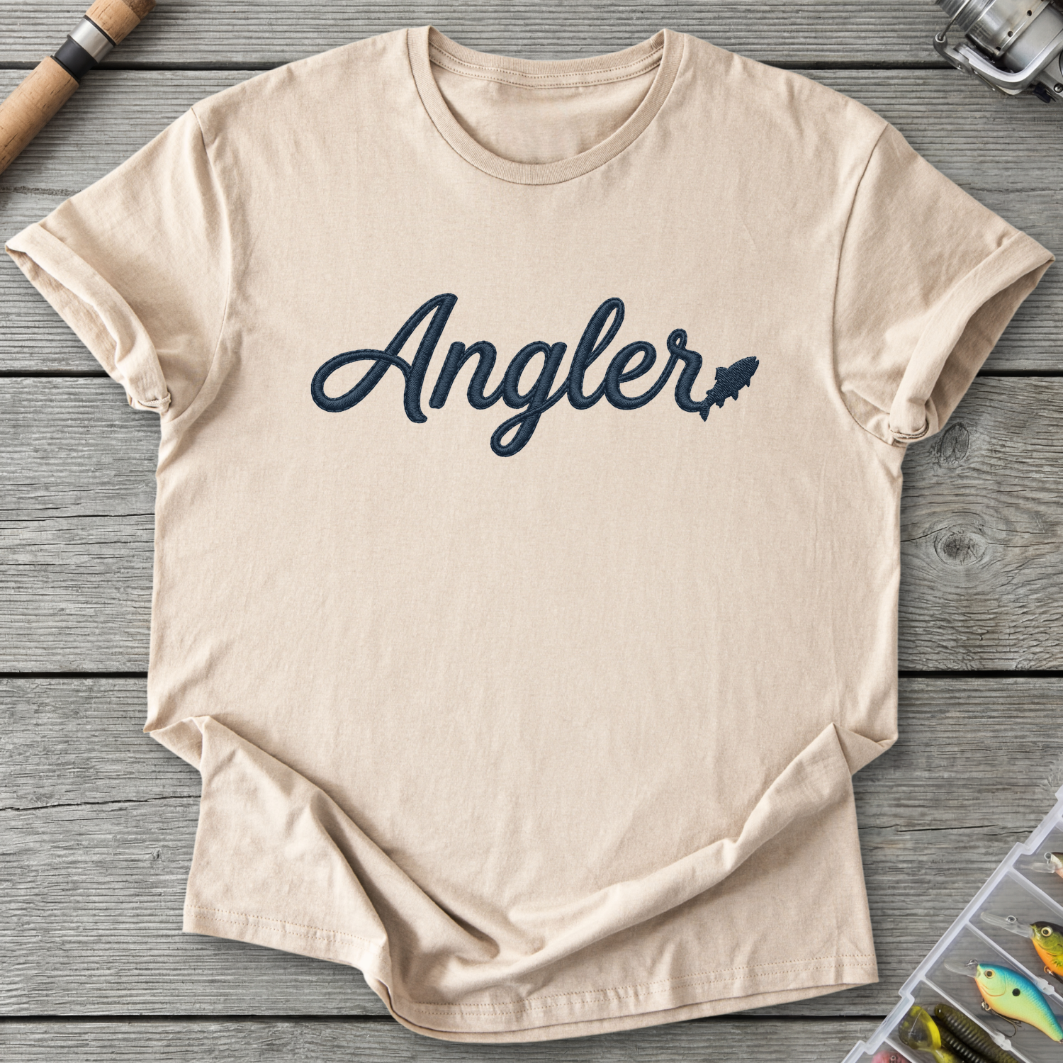 Angler Embroidery Style Design Fishing T-Shirt in Sand | River Giants Club