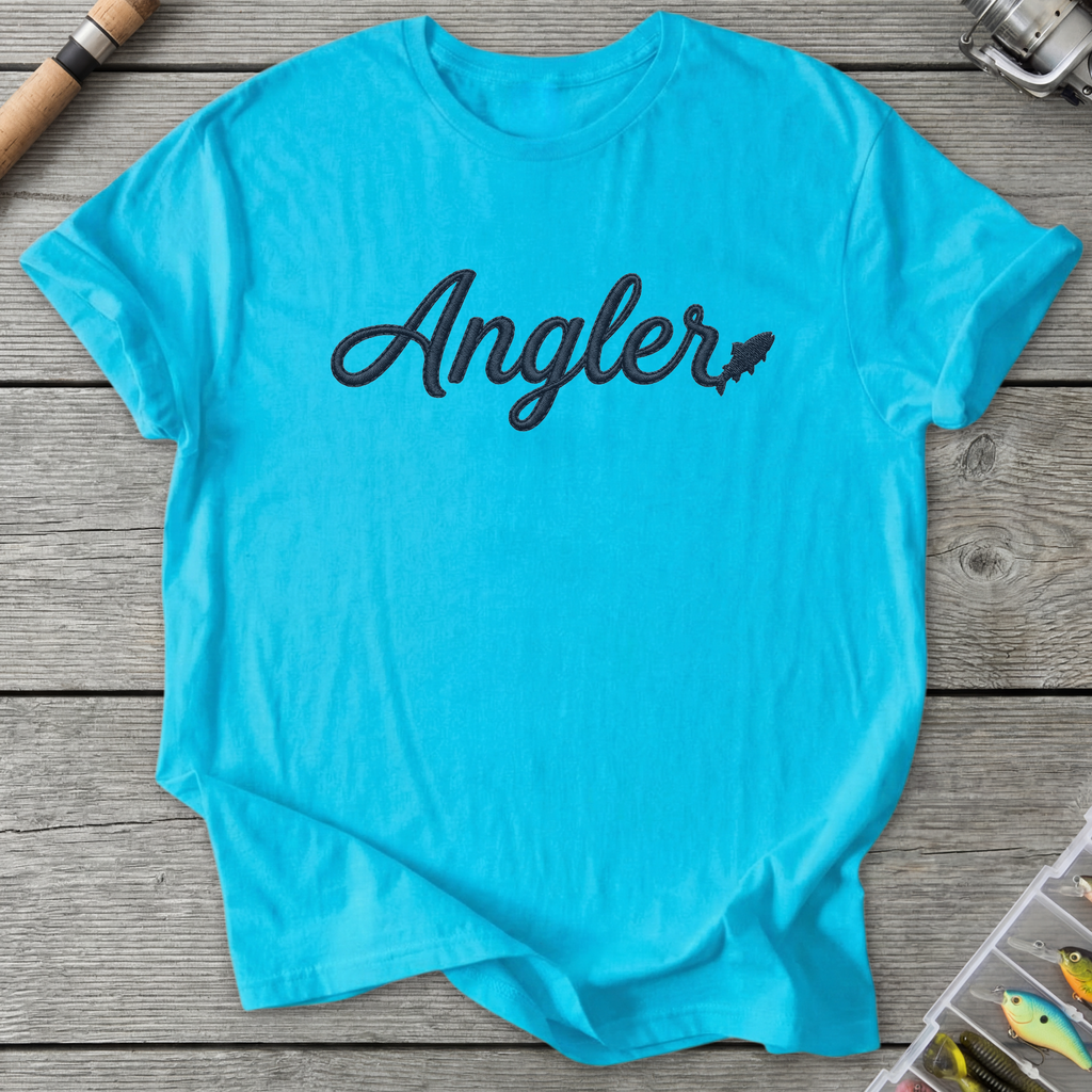 Angler Embroidery Style Design Fishing T-Shirt in Sky | River Giants Club