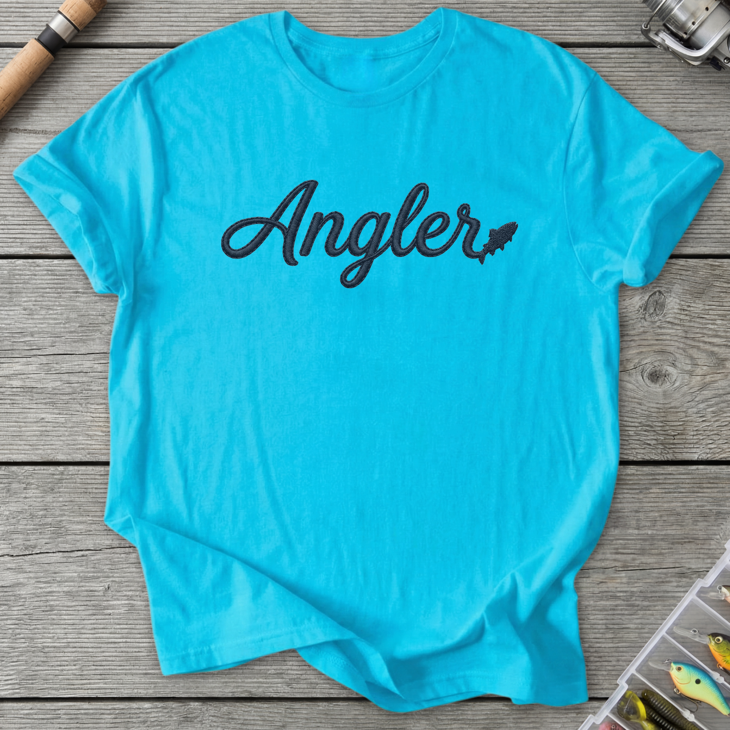 Angler Embroidery Style Design Fishing T-Shirt in Sky | River Giants Club