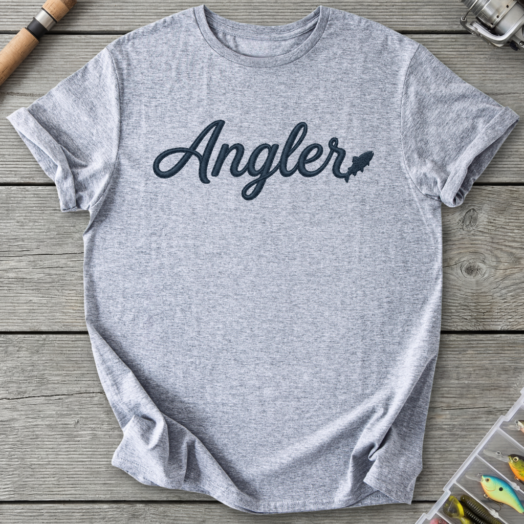Angler Embroidery Style Design Fishing T-Shirt in Sport Grey | River Giants Club