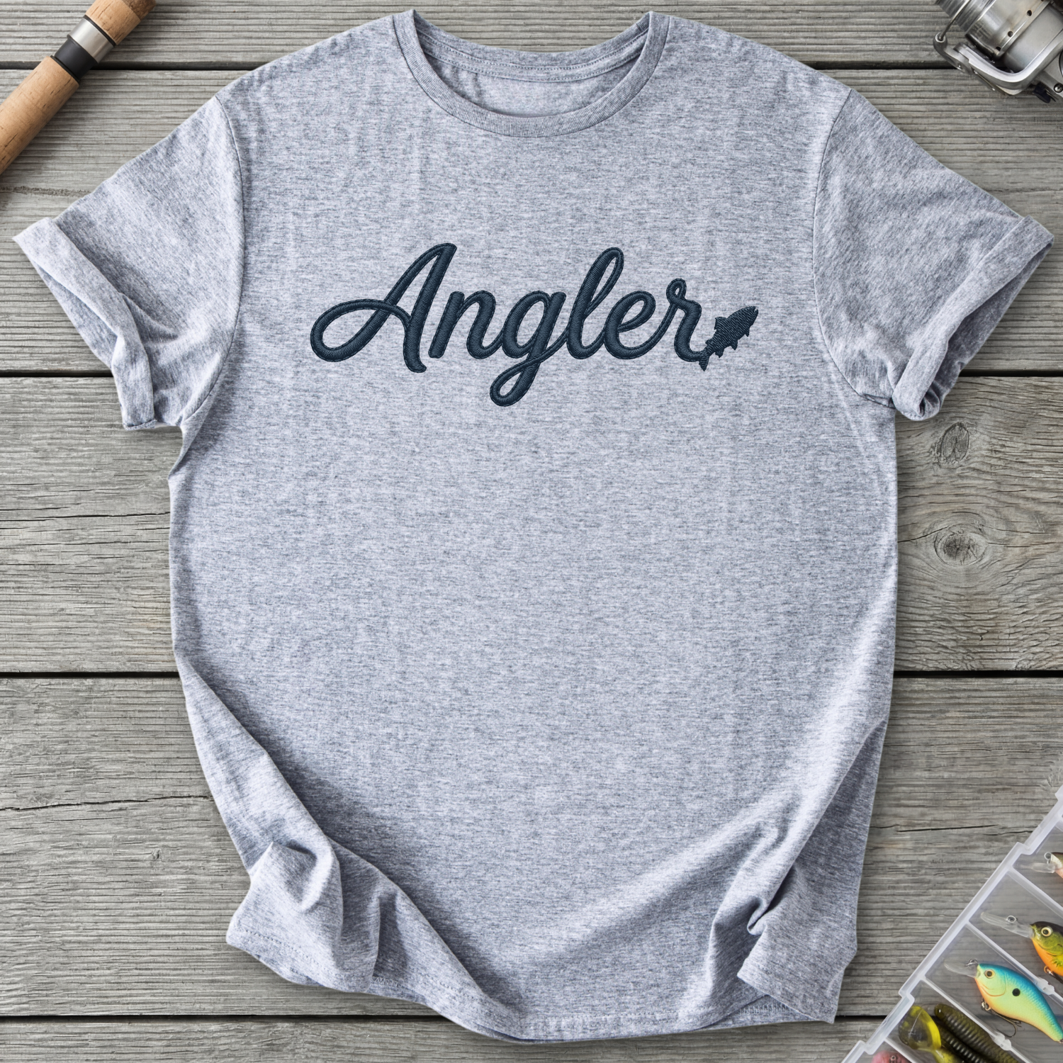 Angler Embroidery Style Design Fishing T-Shirt in Sport Grey | River Giants Club