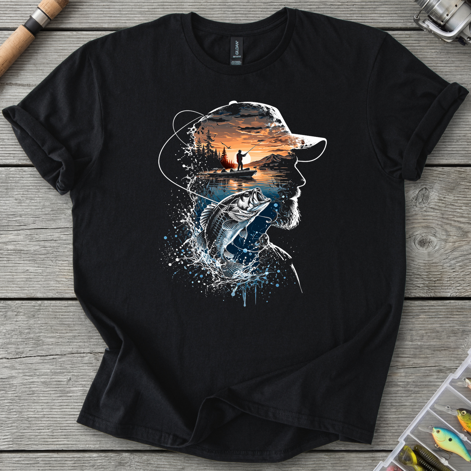 Bass Fishing Sunset Portrait T-Shirt in Black | River Giants Club
