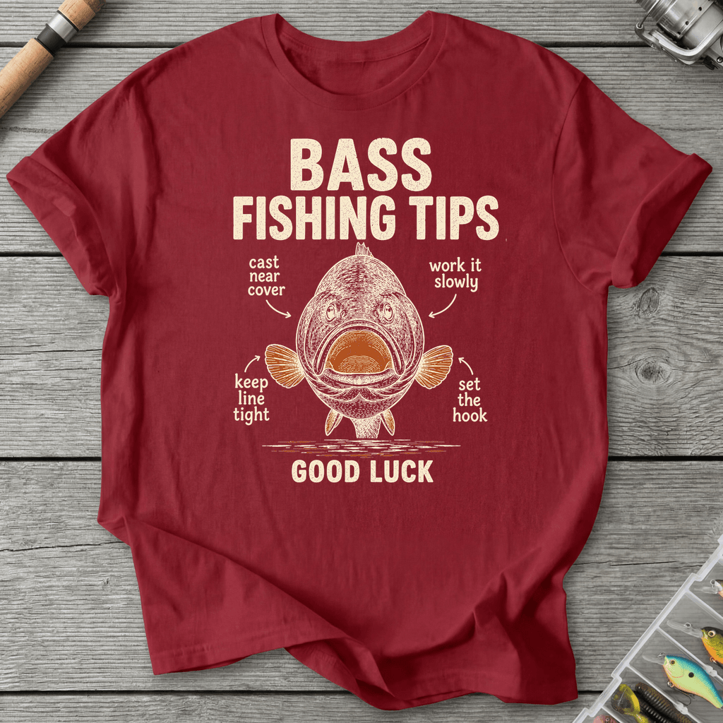 Bass Fishing Tips T-Shirt in Antique Cherry Red | River Giants Club